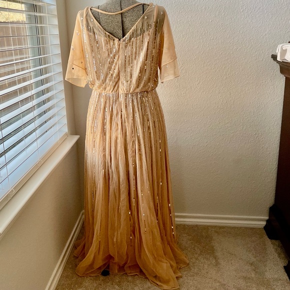 Mac Duggal Embellished Cowl Neck Flutter Sleeve Mesh Ankle Dress - Picture 12 of 16